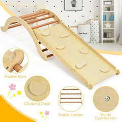 Costway 3-in-1 Kids Climber Set Wooden Arch Triangle Rocker w/ Ramp & Blue Mat