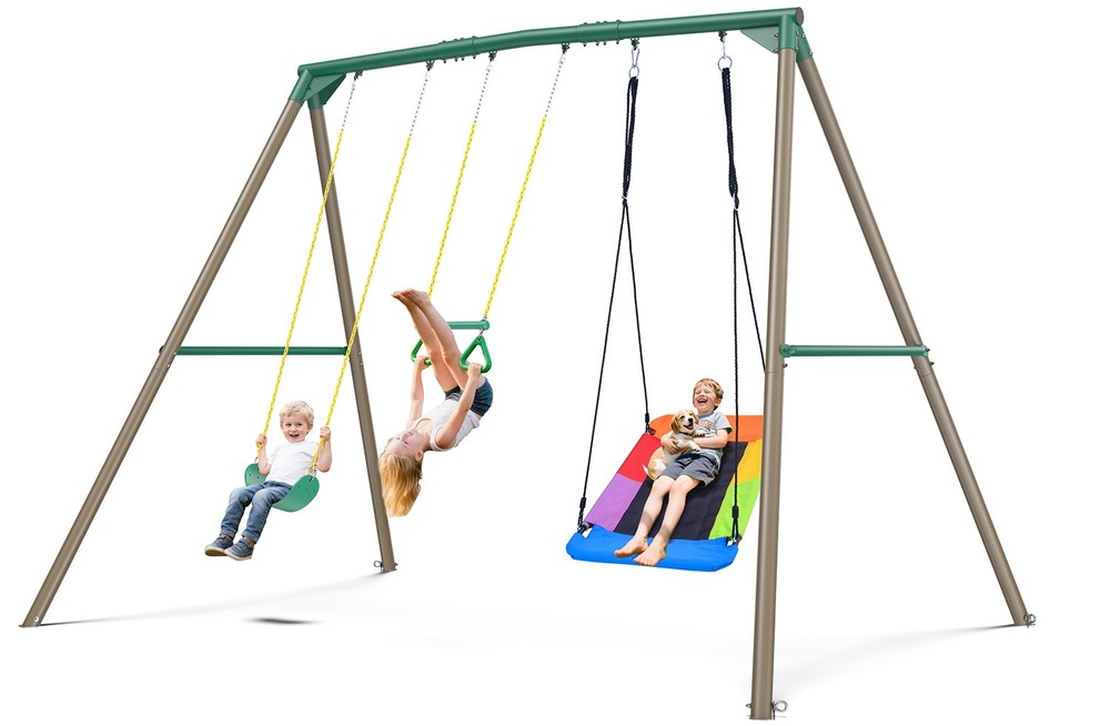 9.5′ Heavy Duty Metal Swing Set for Backyard Kids Adults with 2 Swings & A-Frame