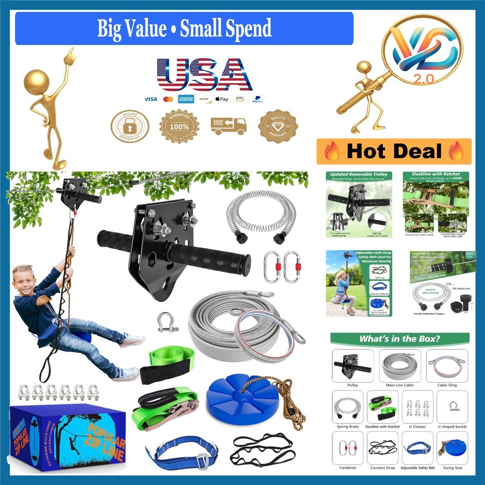 80Ft Outdoor Zip Line Kit for Kids & Adults 500Lbs Removable Trolley Swing Seat