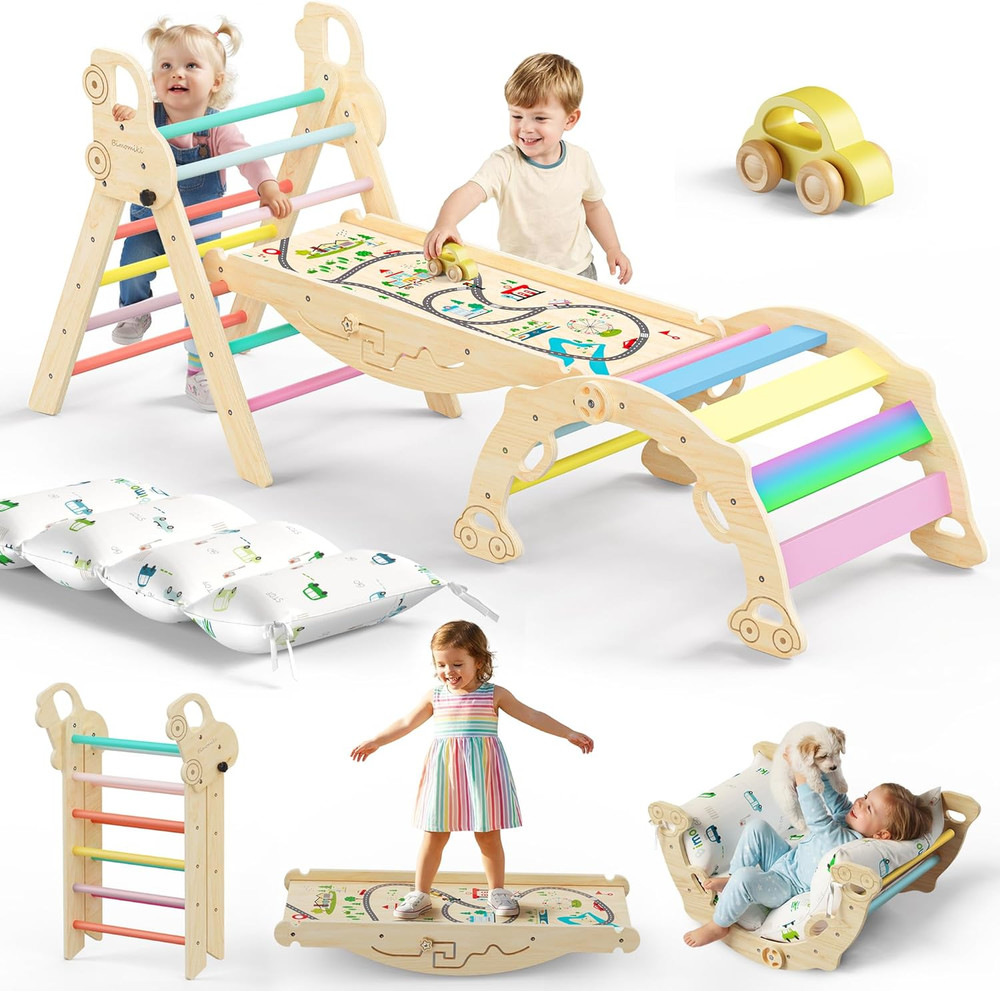 Pikler Triangle Climbing Set with Cushion, Foldable Climbing Toys Indoor, Montes