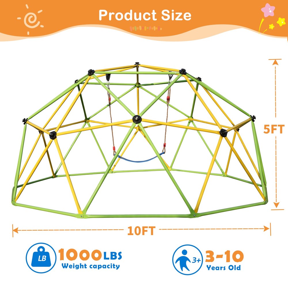 10 FT Climbing Dome for Kids Jungle Gym Park Dome Climber w/ Swing Playground US