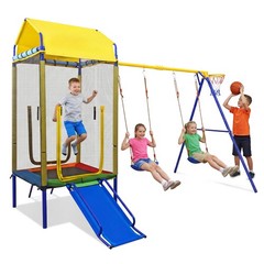 5-in-1 Kids Swing Set w/Trampoline Roof 2 Belt Swings Slide Ladder for Children