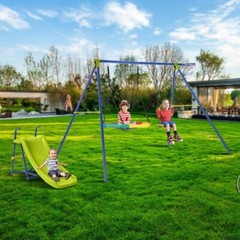 4-in-1 Kids Outdoor Heavy-Duty Metal Playset Swing Set w/Slide & Basketball Hoop