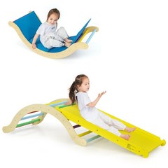 3-in-1 Kids Climber Set Wooden Arch Triangle Rocker w/ Blue & Ramp Mat