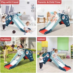 Blue Folding Freestanding Toddler Slide With Basketball And Ring Toss Games
