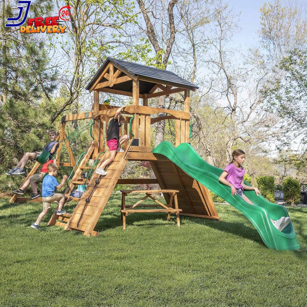 Endeavor II Cedar Wood Swing Set with Wave Slide Play Deck Double Rock Wall NEW