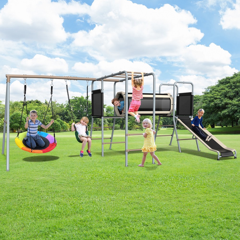 Metal Swing Set Playground Set with 2 Swing, Monkey Bar, Climbing Ladder & Slide