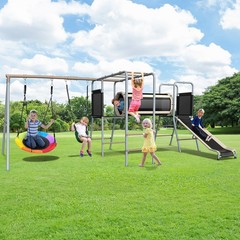 Metal Swing Set Playground Set with 2 Swing, Monkey Bar, Climbing Ladder & Slide