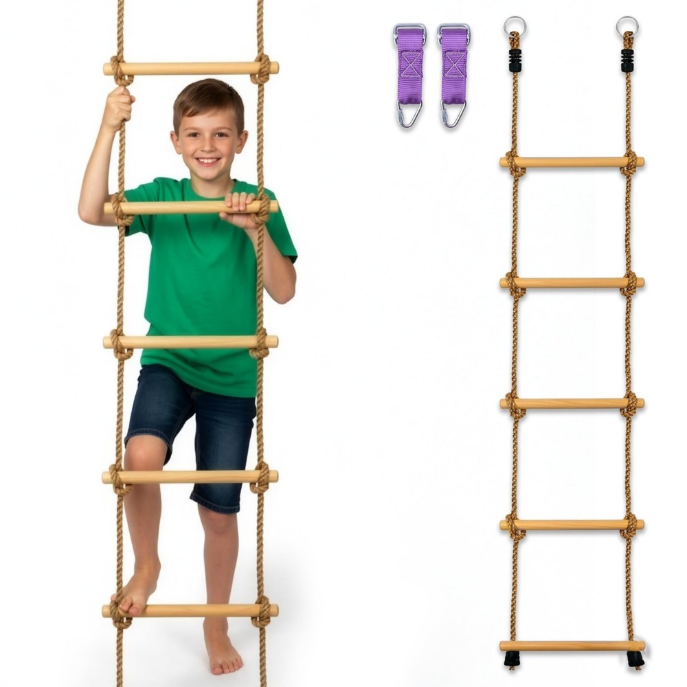 Wooden Rope Ladder for Kids – 6ft Outdoor Climbing Ladder with Real Wood Rungs,