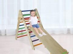 Pikler Triangle Ladder with Ramp & Slide, Foldable Wooden Climber for Toddlers