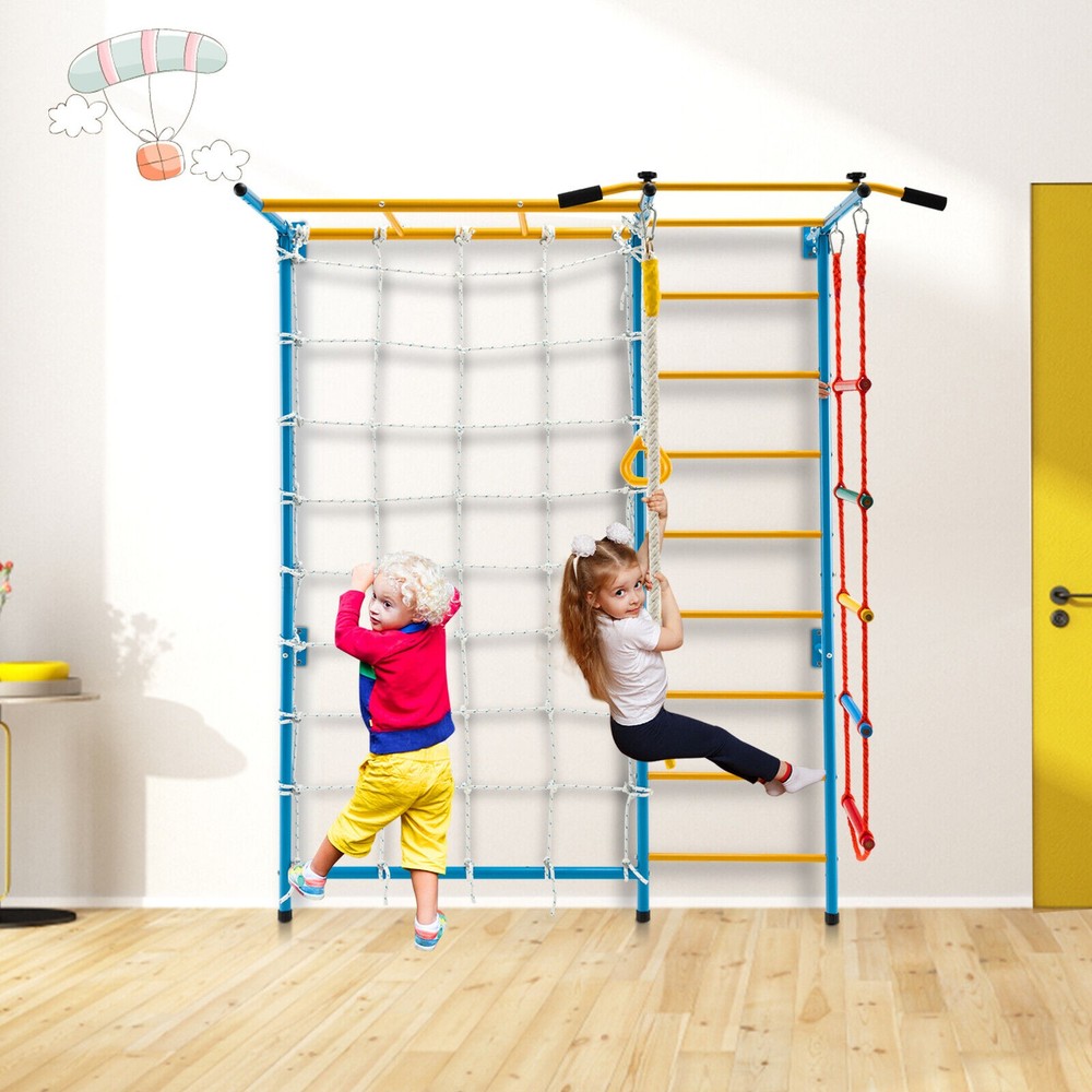 7 In 1 Kids Indoor Gym Playground Swedish Wall Ladder Solid Wall Yellow Climbing