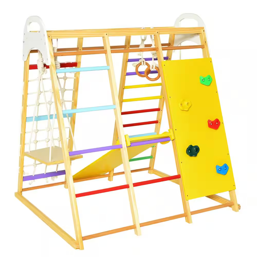 8-In-1 Jungle Gym Playset, Wooden Climber Play Set with Monkey Bars Colorful
