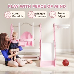 4 in 1 Toddler Slide and Swing Set w/ Climber, Basketball Hoop, Pink