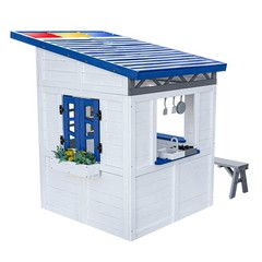 Teamson Kids Rainbow Shade Wooden Playhouse with Kitchen, Flower Box & Bench