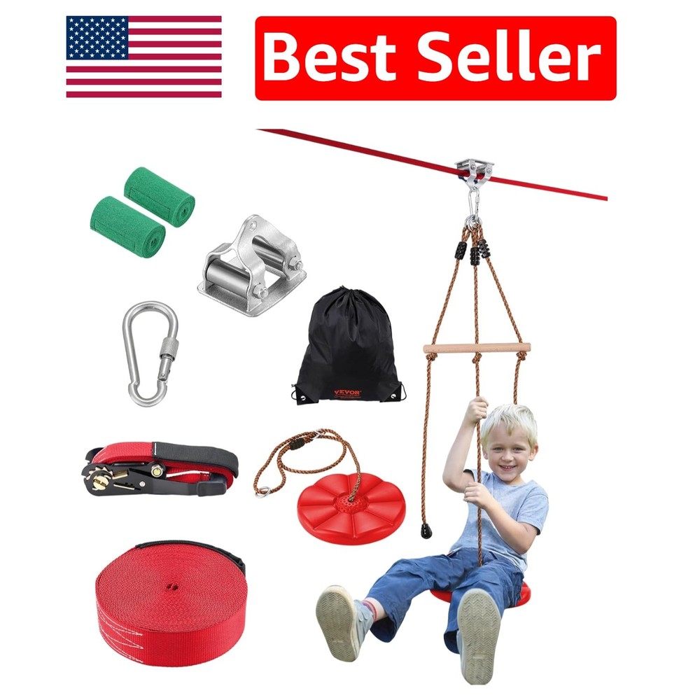 Safe 65 ft Zipline for All Ages – Quick Setup, Includes Swing Seat & Accessories