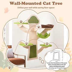 Wall-Mounted Cat Tower w/ Bed Hammock Sisal Scratching Post & Mats Cushions