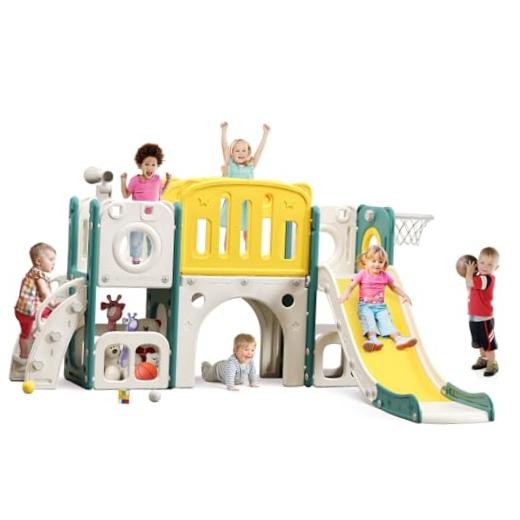 8-in-1 Toddler Climber and Slide Playset with Basketball Hoop – Green