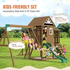 Cedar Wood Swing Set 10-in-1 6ft Slide Including Fort Ladders and Toy Kitchen