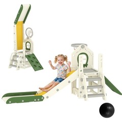 Qaba Foldable 5 in 1 Toddler Slide with Climber, Basketball Hoop, Storage