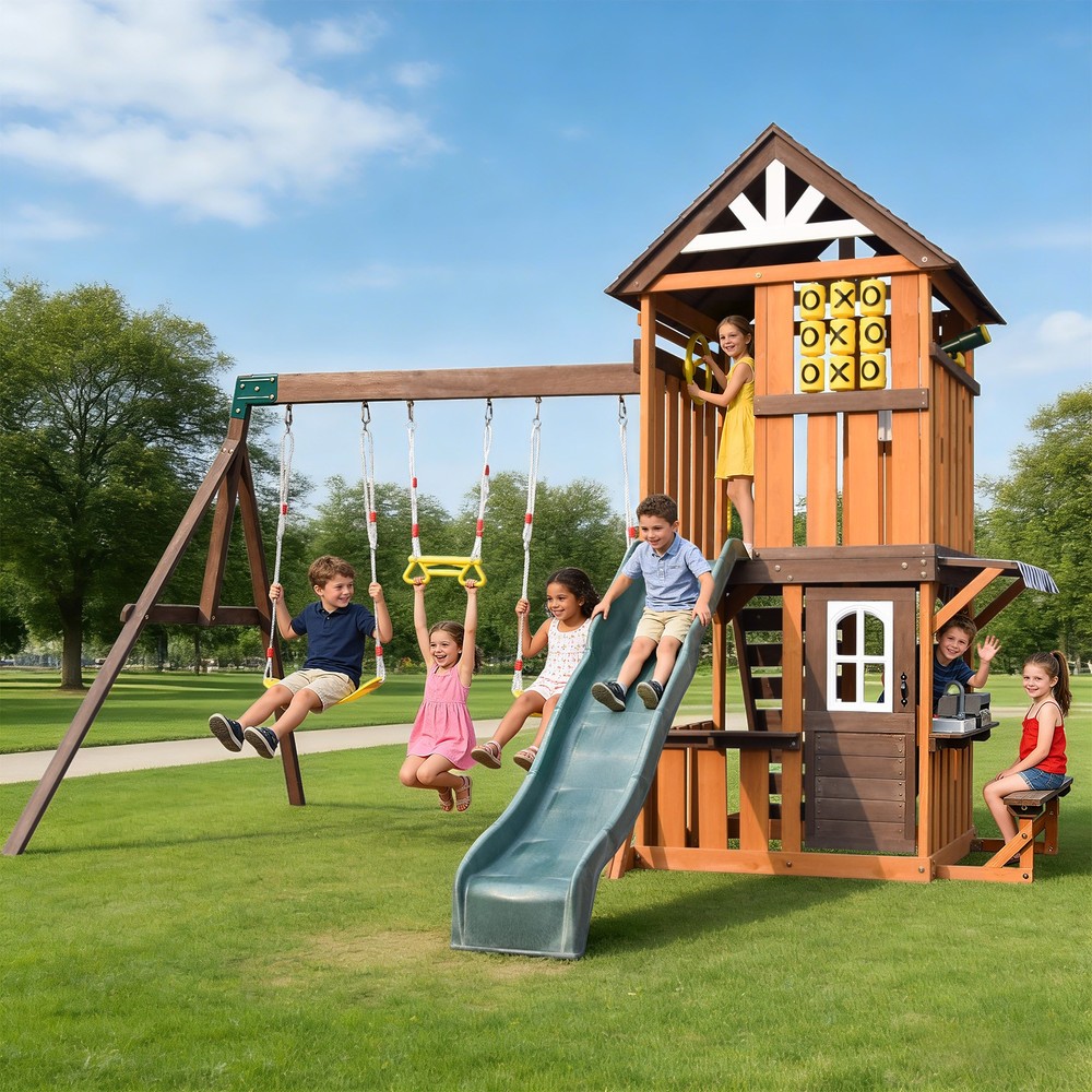 Kids Wooden Swing Slide Set Playhouse Kitchen, Rock Wall Outdoor Playground