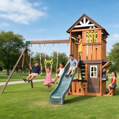 Wooden Kids Swing Slide Set Playhouse Kitchen, Rock Wall Outdoor Playground