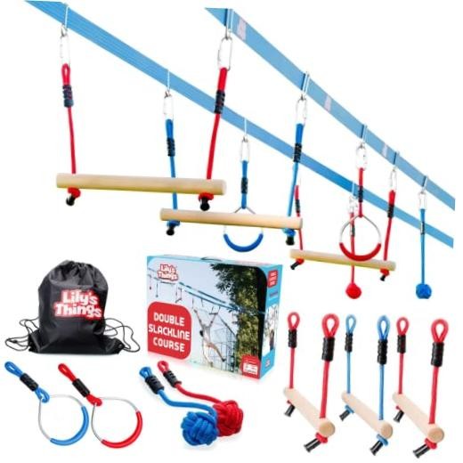 Double Ninja Slackline Obstacle Course for Kids | 80 Foot Line | 80 feet Blue
