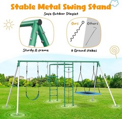 Heavy Duty Metal Swing Set with 2 Swings Ladder and Monkey Bar for Kids Backyard