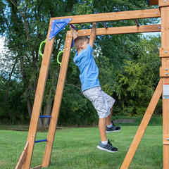 Cedar Wood Beach Front Swing Set with Slide, Monkey Bars & Picnic Area