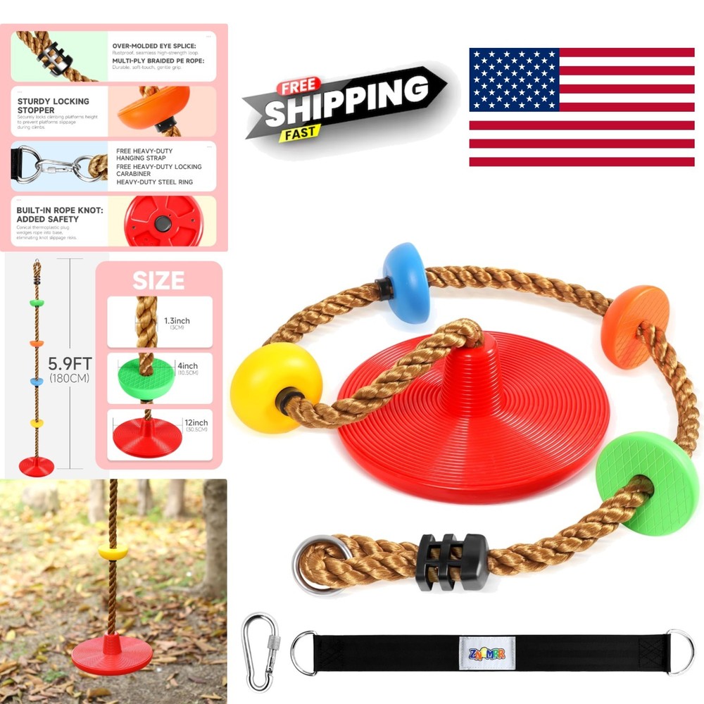 Climbing Rope Tree Swing Set with Red Disc Seat and Hanging Strap for Kids