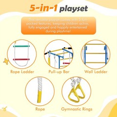 5 in 1 Wall Gym Playset With Rope Ladder Pull-up Bar Gymnastic Rings