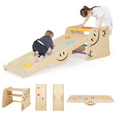 Indoor Wooden Climbing Toy Triangle Climber Set of 2 w/Seesaw Dual-sided Ramp
