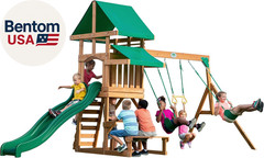 Belmont Cedar Wood Swing Set with Wave Slide, Play Deck, Rock Wall Ladder, Snack