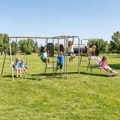 Metal Swing Set Playground Set with 2 Swing, Monkey Bar, Climbing Ladder & Slide