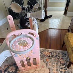 Pink and White Indoor Kids Slide with Basketball Hoop and Telescope for Ages 1-4