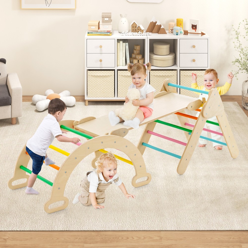 Kids 3-in-1 Climber Set Toddler Wooden Play Arch with Sliding and Climbing Ramp