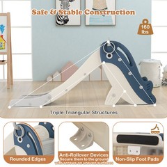 Foldable Freestanding Baby Slide Climber Playset Basketball Hoop Blue Kids Toy