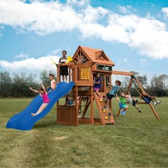 WOODEN SWING-SET PLAYGROUND SET W/ 2 WAVE SLIDES ROCK WALL TIC TAC TOE, CHILDREN