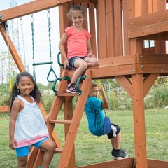 WOODEN SWING-SET PLAYGROUND SET W/ 2 WAVE SLIDES ROCK WALL TIC TAC TOE, CHILDREN
