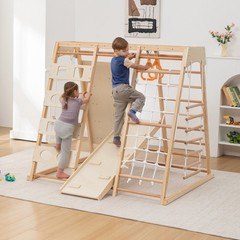 9-in-1 Wooden Climbing Set w/ Slide, Pikler Triangle Indoor Play Structure 176lb