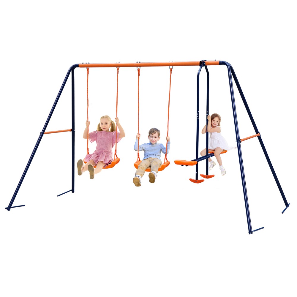 Durable Double Swing Set Garden Swing with 1 Seesaw Set for Children Garden