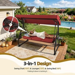3 Seat Outdoor Porch Patio Swing with Adjustable Canopy& Backrest,Outdoor