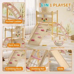 6-in-1 Wooden Indoor Play Gym Climber with Slide, Swing, Rock Wall, Rope Ladder