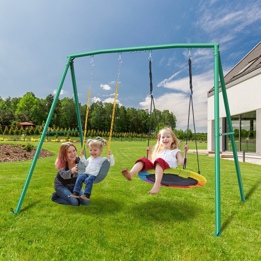 440lbs Metal Swing Set Heavy Duty Frame Backyard for Kids Swingset with 2 Seats
