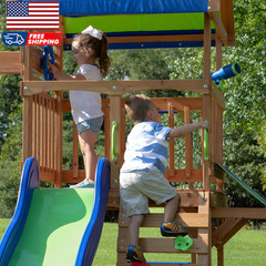 Backyard Discovery Beach Front Cedar Wood Swing Set with Wave Slide Play Deck