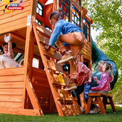 Atlas Point Wooden Outdoor Swing Set/Playset with Kitchen Slides and Glider NEW