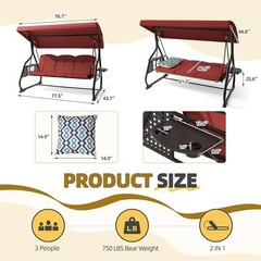 3 Seat Outdoor Porch Patio Swing with Adjustable Canopy& Backrest,Outdoor