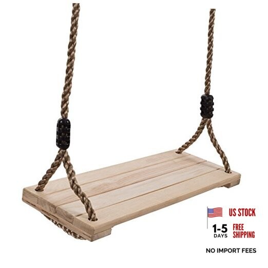Wooden Swing, Outdoor Flat Bench Seat with Adjustable Nylon Hanging Rope for