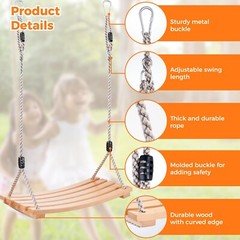 Wooden Tree Swing,Wooden Swing for Adults/Kids with 500lbs Load Capacity,Adju…