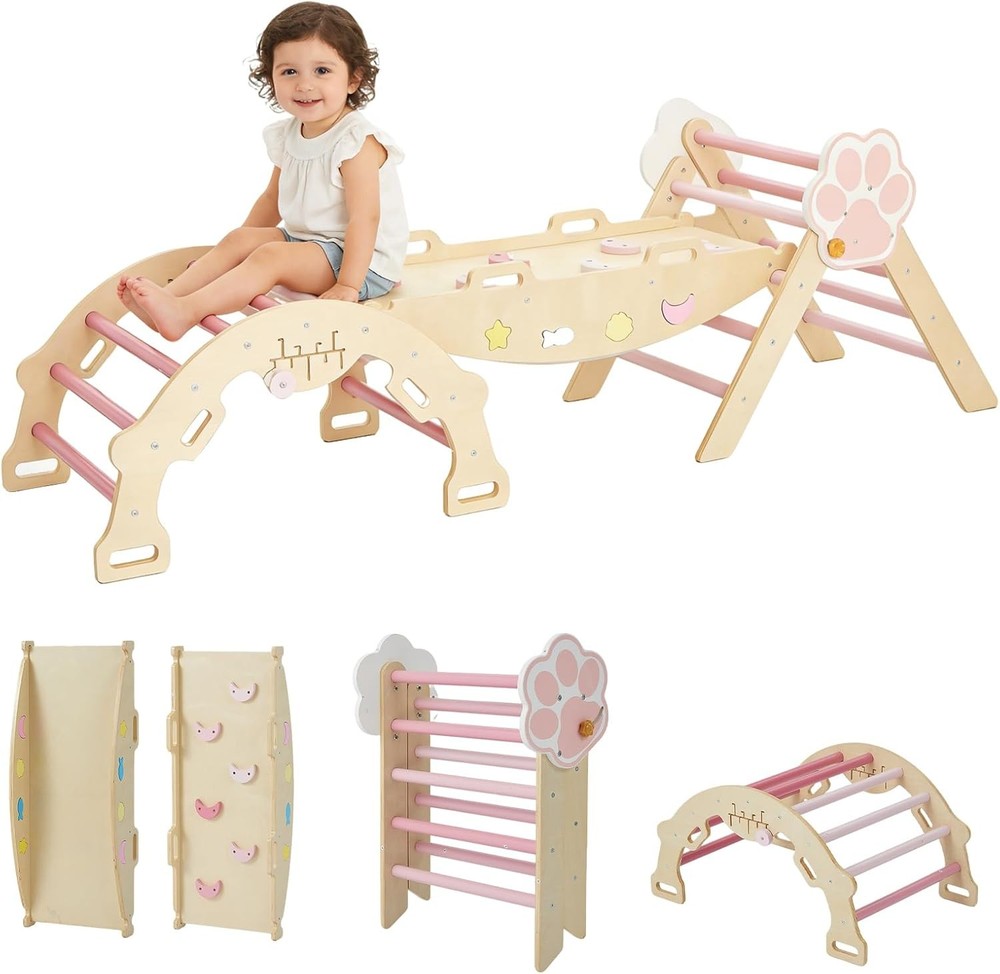 7-in-1 Pikler Triangle Climbing Set, Foldable Wooden Toddler Climbing Toys