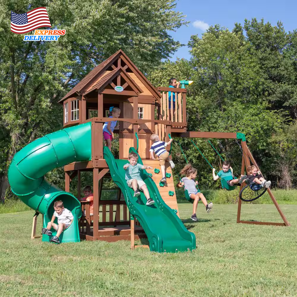 Outdoor Playground Set W/ Tube Slide Elevated Clubhouse Rockwall Wave Slide NEW